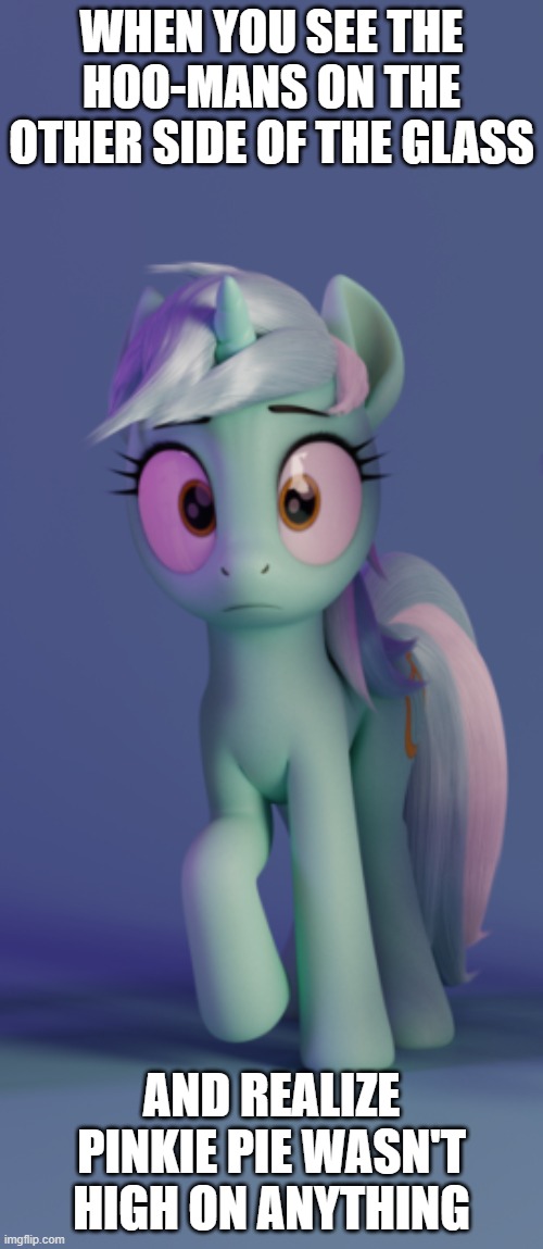 Lyra Oh NO- | WHEN YOU SEE THE HOO-MANS ON THE OTHER SIDE OF THE GLASS; AND REALIZE PINKIE PIE WASN'T HIGH ON ANYTHING | image tagged in lyra oh no- | made w/ Imgflip meme maker