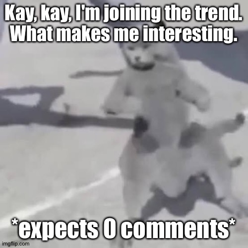 . | Kay, kay, I'm joining the trend.
What makes me interesting. *expects 0 comments* | image tagged in cat nae nae | made w/ Imgflip meme maker