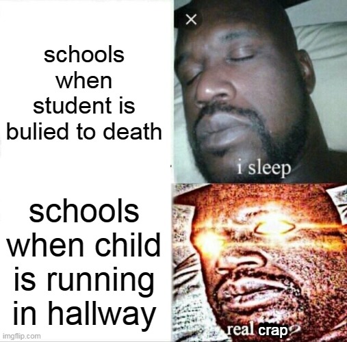 yep | schools when student is bulied to death; schools when child is running in hallway; crap | image tagged in memes,sleeping shaq | made w/ Imgflip meme maker