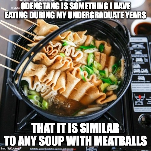 Odengtang | ODENGTANG IS SOMETHING I HAVE EATING DURING MY UNDERGRADUATE YEARS; THAT IT IS SIMILAR TO ANY SOUP WITH MEATBALLS | image tagged in food,memes,fish cakes | made w/ Imgflip meme maker