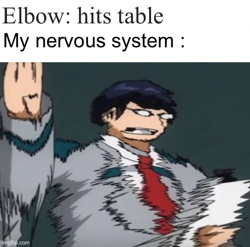 I don’t know what the title should be | Elbow: hits table; My nervous system : | image tagged in memes,meme | made w/ Imgflip meme maker