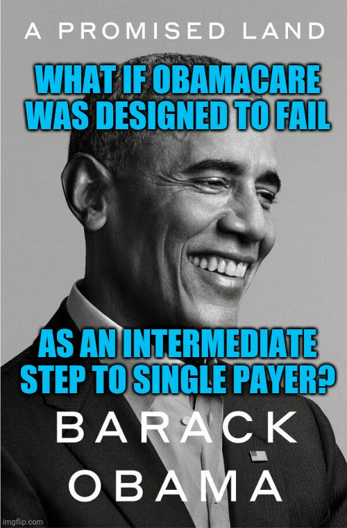 Promised to who? |  WHAT IF OBAMACARE WAS DESIGNED TO FAIL; AS AN INTERMEDIATE STEP TO SINGLE PAYER? | image tagged in conspiracy,healthcare | made w/ Imgflip meme maker