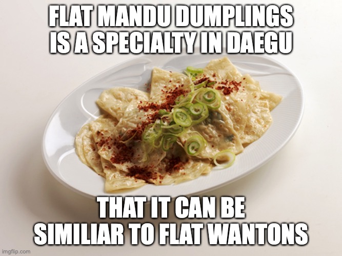 Flat Mandu | FLAT MANDU DUMPLINGS IS A SPECIALTY IN DAEGU; THAT IT CAN BE SIMILIAR TO FLAT WANTONS | image tagged in food,memes,dumpling | made w/ Imgflip meme maker