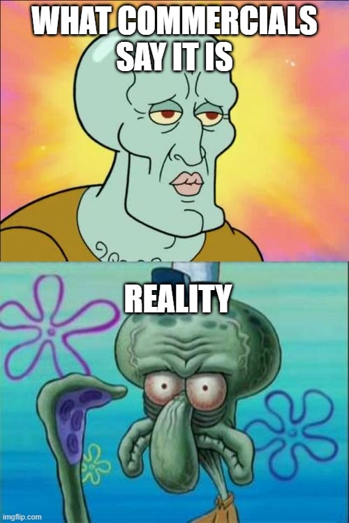 Ugly squidward | WHAT COMMERCIALS SAY IT IS; REALITY | image tagged in memes,squidward | made w/ Imgflip meme maker
