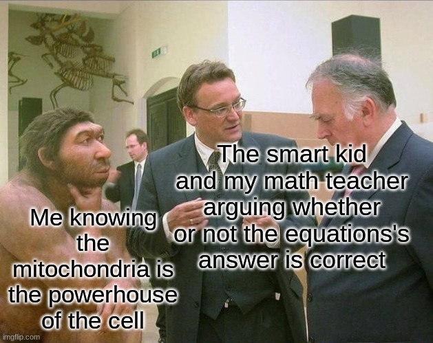 That's all you need to know | Me knowing the mitochondria is the powerhouse of the cell; The smart kid and my math teacher arguing whether or not the equations's answer is correct | image tagged in caveman conversation,school | made w/ Imgflip meme maker