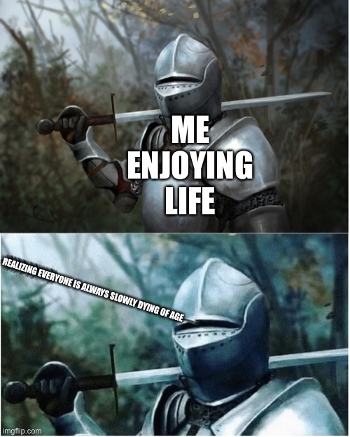 You dying, I'm dying, we're all dying | ME ENJOYING LIFE; REALIZING EVERYONE IS ALWAYS SLOWLY DYING OF AGE | image tagged in knight with arrow in helmet | made w/ Imgflip meme maker