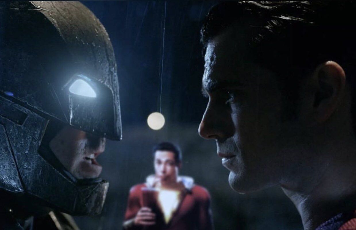 High Quality Batman vs. Superman with Shazam in the background Blank Meme Template