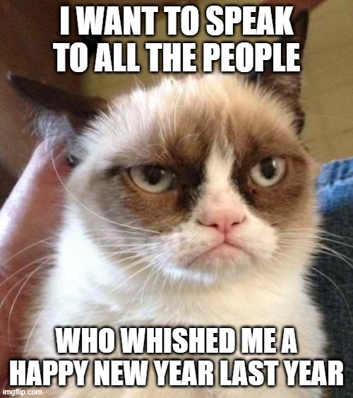 Happy new year |  I WANT TO SPEAK TO ALL THE PEOPLE; WHO WHISHED ME A HAPPY NEW YEAR LAST YEAR | image tagged in memes,grumpy cat reverse,grumpy cat,happy new year | made w/ Imgflip meme maker
