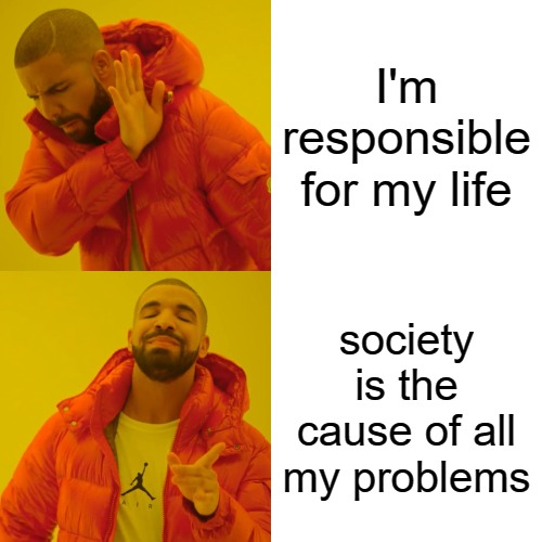 Drake Hotline Bling Meme | I'm responsible for my life; society is the cause of all my problems | image tagged in memes,drake hotline bling | made w/ Imgflip meme maker