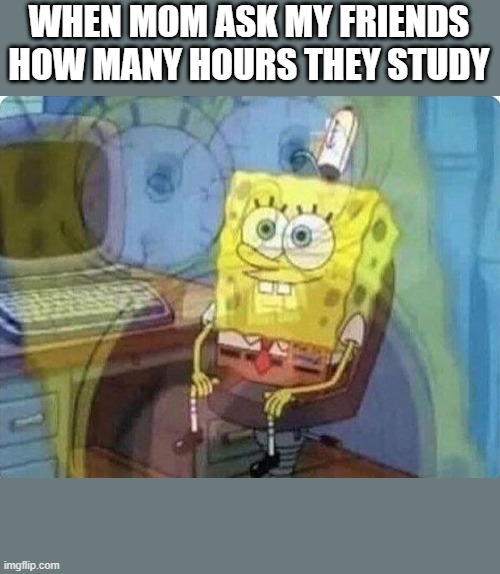 spongebob screaming inside | WHEN MOM ASK MY FRIENDS HOW MANY HOURS THEY STUDY | image tagged in spongebob screaming inside | made w/ Imgflip meme maker
