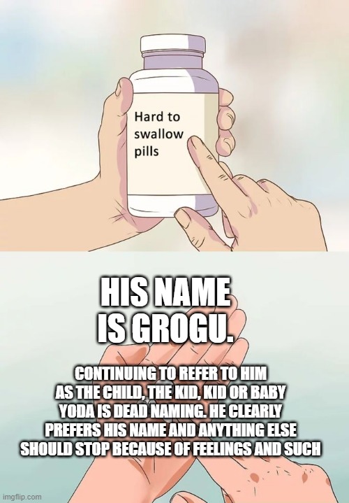 Gorgu deadname | HIS NAME IS GROGU. CONTINUING TO REFER TO HIM AS THE CHILD, THE KID, KID OR BABY YODA IS DEAD NAMING. HE CLEARLY PREFERS HIS NAME AND ANYTHING ELSE SHOULD STOP BECAUSE OF FEELINGS AND SUCH | image tagged in memes,hard to swallow pills | made w/ Imgflip meme maker