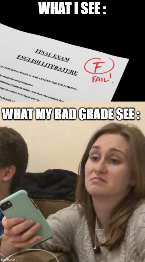 What if grades had eyes ? | WHAT I SEE :; WHAT MY BAD GRADE SEE : | image tagged in memes,funny,bad grades,what i see | made w/ Imgflip meme maker