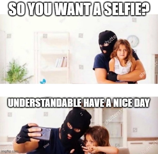 use selfies against kidnappers (lol no) | SO YOU WANT A SELFIE? UNDERSTANDABLE HAVE A NICE DAY | image tagged in robber | made w/ Imgflip meme maker