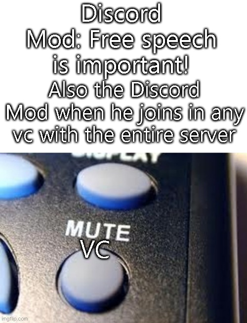 e | Discord Mod: Free speech is important! Also the Discord Mod when he joins in any vc with the entire server; VC | image tagged in mute button | made w/ Imgflip meme maker