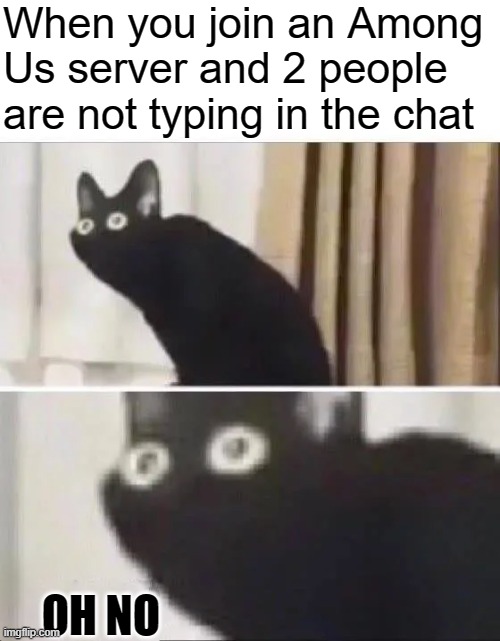 e | When you join an Among Us server and 2 people are not typing in the chat; OH NO | image tagged in oh no black cat | made w/ Imgflip meme maker