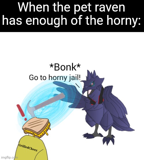 When the pet raven has enough of the horny: | image tagged in dj corviknight-bonk go to horny jail | made w/ Imgflip meme maker