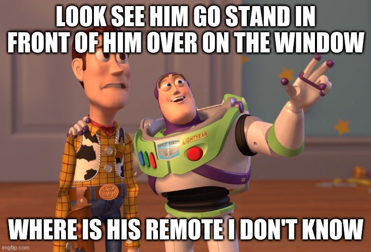 X, X Everywhere Meme | LOOK SEE HIM GO STAND IN FRONT OF HIM OVER ON THE WINDOW; WHERE IS HIS REMOTE I DON'T KNOW | image tagged in memes,x x everywhere | made w/ Imgflip meme maker