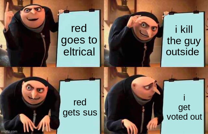gru in among us | red goes to eltrical; i kill the guy outside; red gets sus; i get voted out | image tagged in memes,gru's plan | made w/ Imgflip meme maker