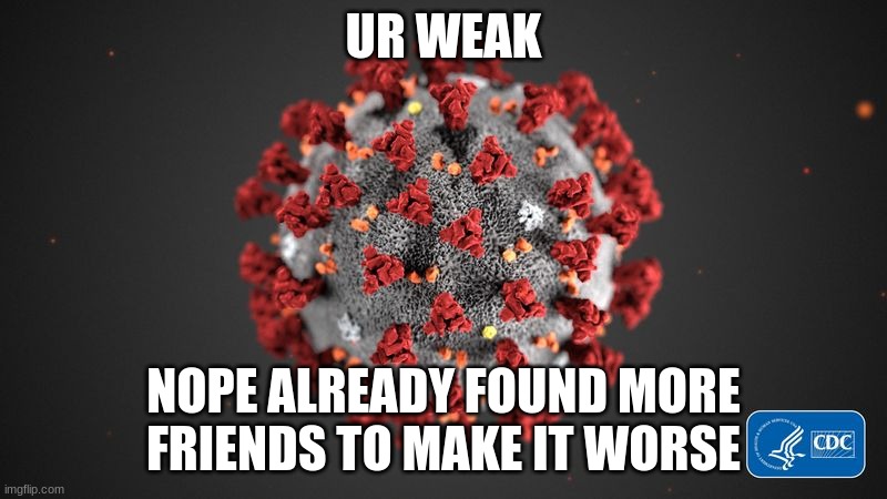 covid 19 | UR WEAK; NOPE ALREADY FOUND MORE FRIENDS TO MAKE IT WORSE | image tagged in covid 19 | made w/ Imgflip meme maker