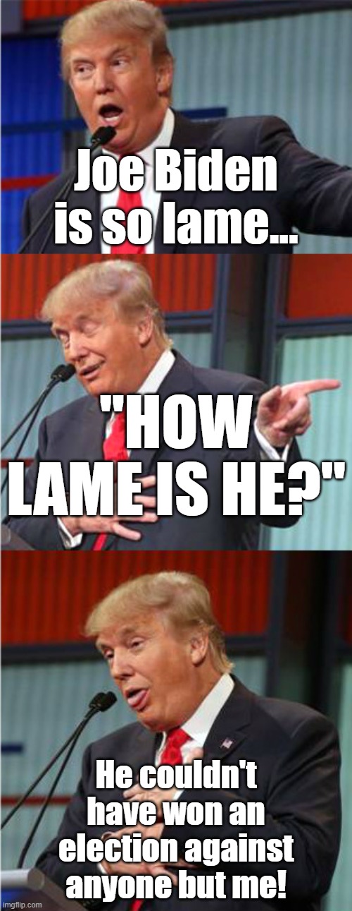 So sad... | Joe Biden is so lame... "HOW LAME IS HE?"; He couldn't have won an election against anyone but me! | image tagged in bad pun trump,2020 sucks,election,bad choices | made w/ Imgflip meme maker