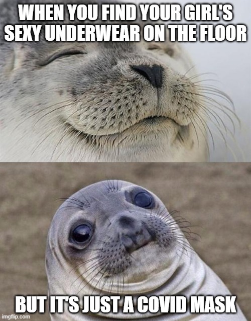 They trick me every time!! | WHEN YOU FIND YOUR GIRL'S SEXY UNDERWEAR ON THE FLOOR; BUT IT'S JUST A COVID MASK | image tagged in memes,short satisfaction vs truth | made w/ Imgflip meme maker