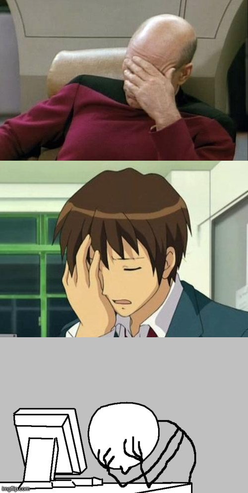 image tagged in memes,captain picard facepalm,kyon face palm,computer guy facepalm | made w/ Imgflip meme maker