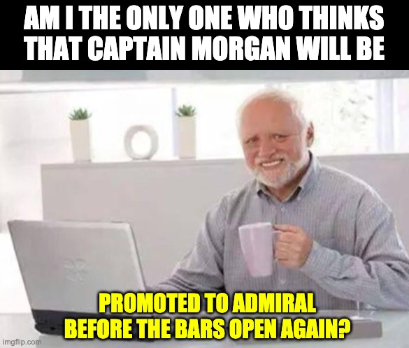 Captain Morgan | AM I THE ONLY ONE WHO THINKS THAT CAPTAIN MORGAN WILL BE; PROMOTED TO ADMIRAL BEFORE THE BARS OPEN AGAIN? | image tagged in harold | made w/ Imgflip meme maker