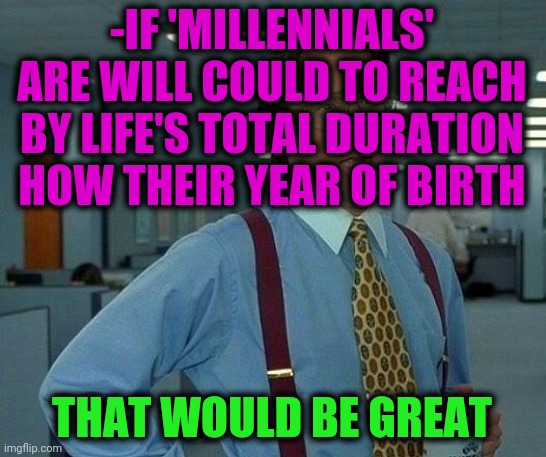 77-95. |  -IF 'MILLENNIALS' ARE WILL COULD TO REACH BY LIFE'S TOTAL DURATION HOW THEIR YEAR OF BIRTH; THAT WOULD BE GREAT | image tagged in memes,that would be great,date,living the dream,millennials,birth control | made w/ Imgflip meme maker