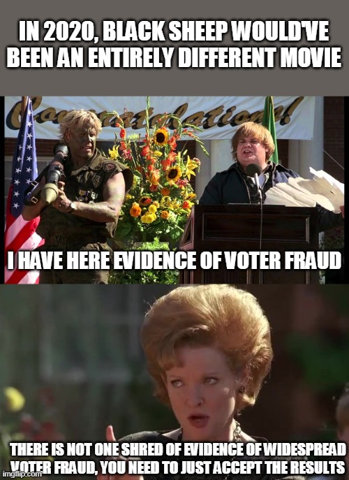 IN 2020, BLACK SHEEP WOULD'VE BEEN AN ENTIRELY DIFFERENT MOVIE; I HAVE HERE EVIDENCE OF VOTER FRAUD; THERE IS NOT ONE SHRED OF EVIDENCE OF WIDESPREAD VOTER FRAUD, YOU NEED TO JUST ACCEPT THE RESULTS | image tagged in election 2020,trump,joe biden,voter fraud,usa | made w/ Imgflip meme maker