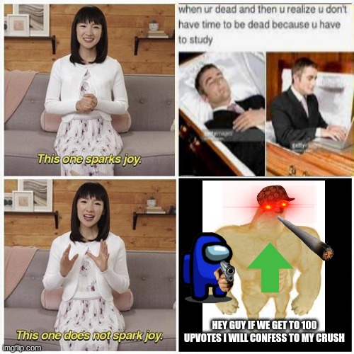 LOL | HEY GUY IF WE GET TO 100 UPVOTES I WILL CONFESS TO MY CRUSH | image tagged in marie kondo spark joy | made w/ Imgflip meme maker