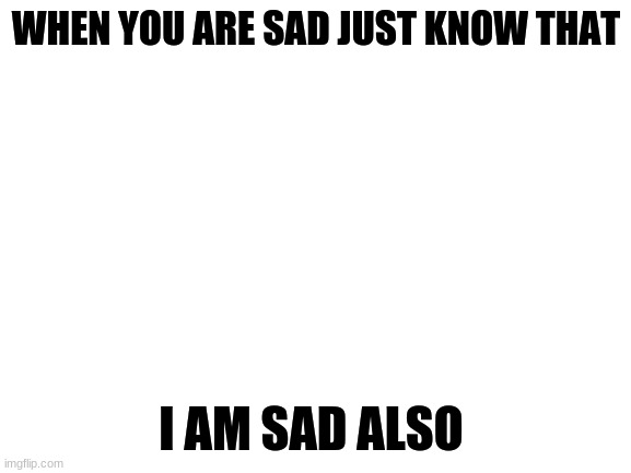 I am sad also.... | WHEN YOU ARE SAD JUST KNOW THAT; I AM SAD ALSO | image tagged in blank white template | made w/ Imgflip meme maker