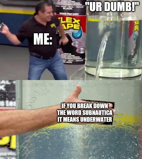 I love subnootica | "UR DUMB!"; ME:; IF YOU BREAK DOWN THE WORD SUBNAUTICA IT MEANS UNDERWATER | image tagged in flex tape,subnautica | made w/ Imgflip meme maker