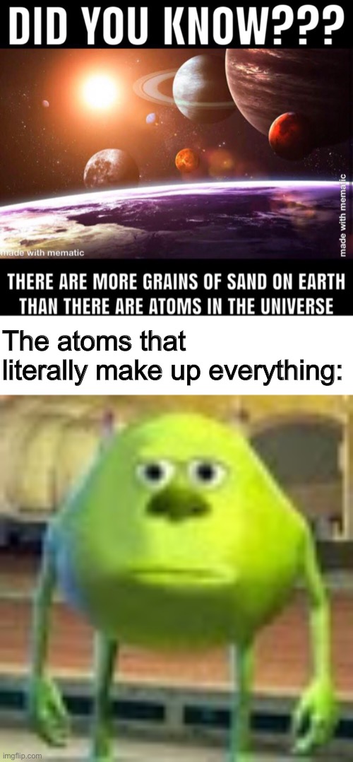 Swing, Swong, you are wrong | The atoms that literally make up everything: | image tagged in sully wazowski | made w/ Imgflip meme maker