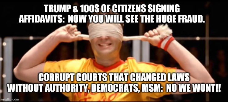 Fraud what fraud - I don't see no fraud | TRUMP & 100S OF CITIZENS SIGNING AFFIDAVITS:  NOW YOU WILL SEE THE HUGE FRAUD. CORRUPT COURTS THAT CHANGED LAWS WITHOUT AUTHORITY, DEMOCRATS, MSM:  NO WE WONT!! | image tagged in voter fraud,election fraud | made w/ Imgflip meme maker