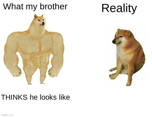 Reality vs. Thoughts | What my brother; Reality; THINKS he looks like | image tagged in memes,buff doge vs cheems | made w/ Imgflip meme maker