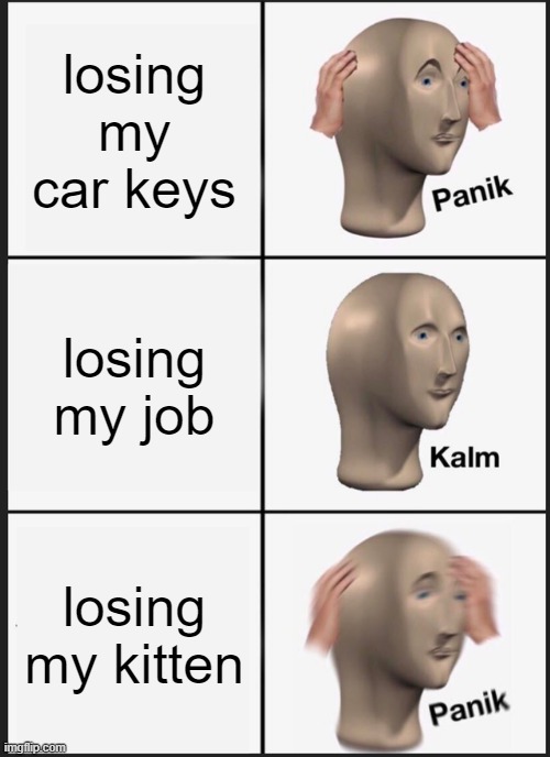 Panik Kalm Panik Meme | losing my car keys; losing my job; losing my kitten | image tagged in memes,panik kalm panik | made w/ Imgflip meme maker