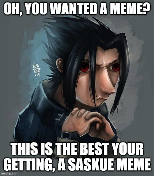 A saskue meme | OH, YOU WANTED A MEME? THIS IS THE BEST YOUR GETTING, A SASKUE MEME | image tagged in sasuke | made w/ Imgflip meme maker