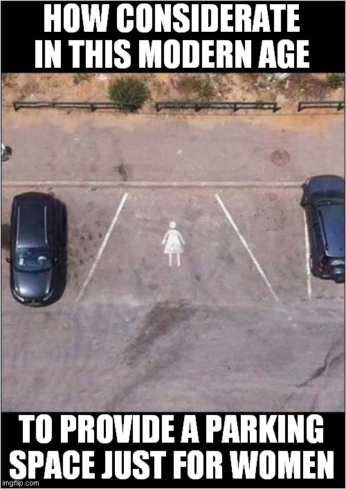 I Await Backlash in 3,2,1, ... | HOW CONSIDERATE IN THIS MODERN AGE; TO PROVIDE A PARKING SPACE JUST FOR WOMEN | image tagged in fun,women drivers,parking | made w/ Imgflip meme maker