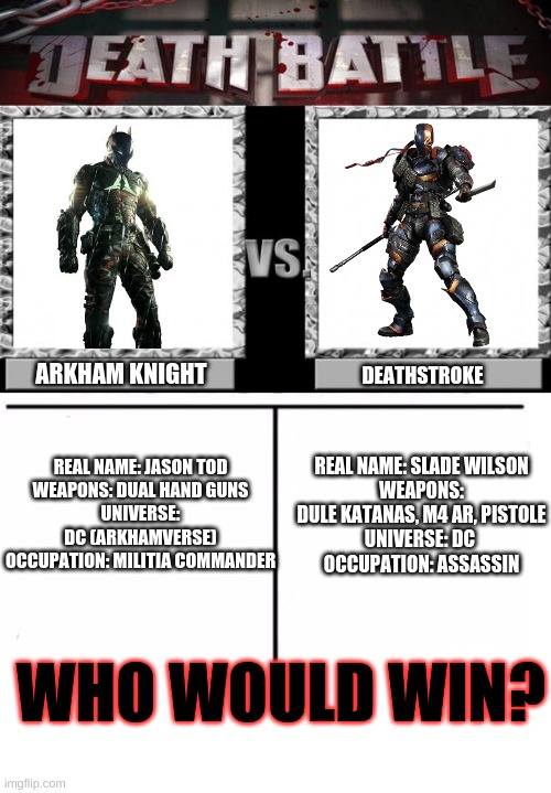 ARKHAM KNIGHT; DEATHSTROKE; REAL NAME: JASON TOD
WEAPONS: DUAL HAND GUNS
UNIVERSE: DC (ARKHAMVERSE)
OCCUPATION: MILITIA COMMANDER; REAL NAME: SLADE WILSON
WEAPONS: DULE KATANAS, M4 AR, PISTOLE
UNIVERSE: DC 
OCCUPATION: ASSASSIN; WHO WOULD WIN? | image tagged in death battle,comparison table | made w/ Imgflip meme maker