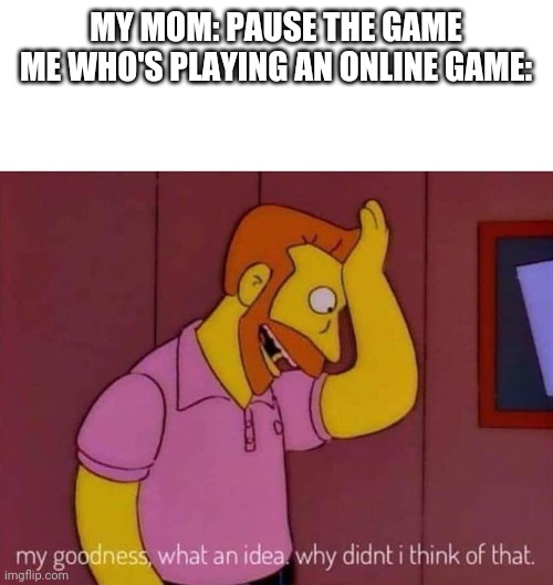 my goodness what an idea why didn't I think of that | MY MOM: PAUSE THE GAME

ME WHO'S PLAYING AN ONLINE GAME: | image tagged in my goodness what an idea why didn't i think of that | made w/ Imgflip meme maker