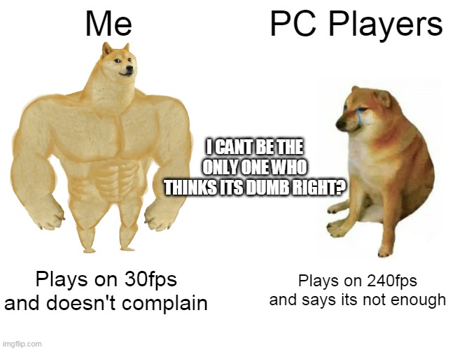 fps doesn't matter to me | Me; PC Players; I CANT BE THE ONLY ONE WHO THINKS ITS DUMB RIGHT? Plays on 30fps and doesn't complain; Plays on 240fps and says its not enough | image tagged in memes,buff doge vs cheems | made w/ Imgflip meme maker