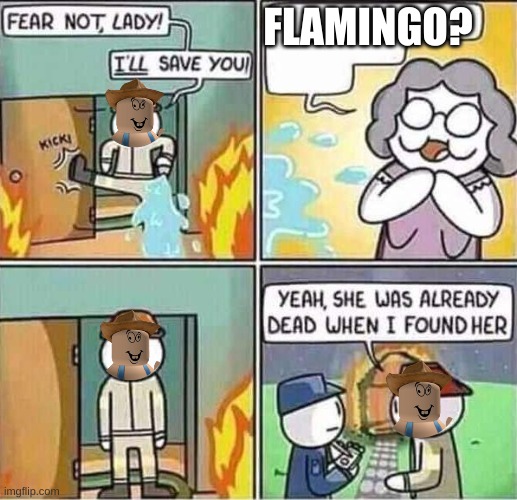 when people catch flamingo trolling this is always his reaction | FLAMINGO? | image tagged in yeah she was already dead when i found here | made w/ Imgflip meme maker