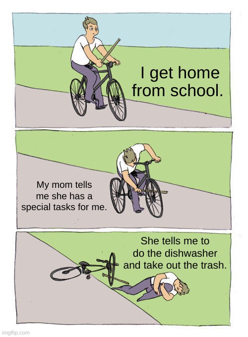 Bike Fall | I get home from school. My mom tells me she has a special tasks for me. She tells me to do the dishwasher and take out the trash. | image tagged in memes,bike fall | made w/ Imgflip meme maker