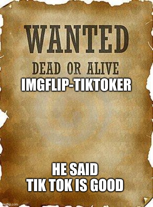 wanted dead or alive | IMGFLIP-TIKTOKER; HE SAID TIK TOK IS GOOD | image tagged in wanted dead or alive | made w/ Imgflip meme maker