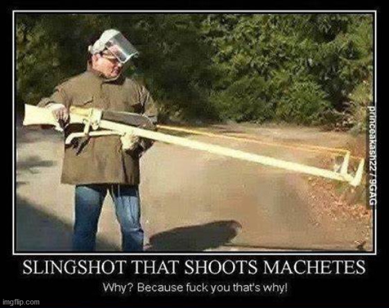 Slingshot That Shoots Machetes | image tagged in slingshot that shoots machetes | made w/ Imgflip meme maker