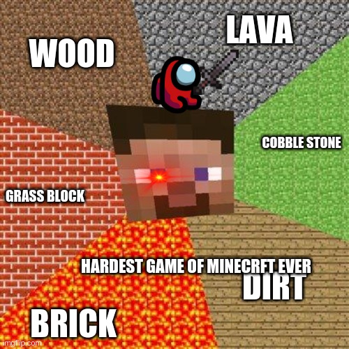 HARDEST GAME OF MINECRAFT EVER | WOOD; LAVA; COBBLE STONE; GRASS BLOCK; DIRT; HARDEST GAME OF MINECRFT EVER; BRICK | image tagged in minecraft steve | made w/ Imgflip meme maker