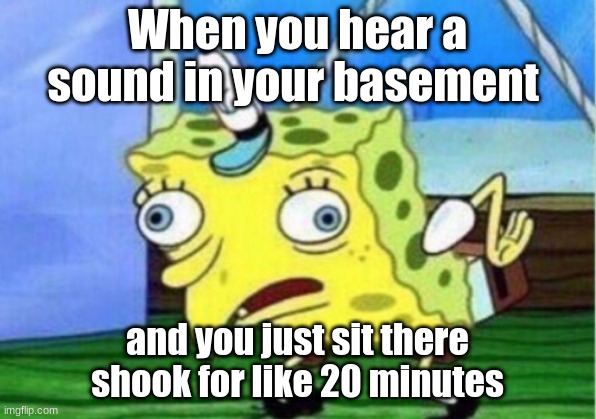 Mocking Spongebob | When you hear a sound in your basement; and you just sit there shook for like 20 minutes | image tagged in memes,mocking spongebob | made w/ Imgflip meme maker