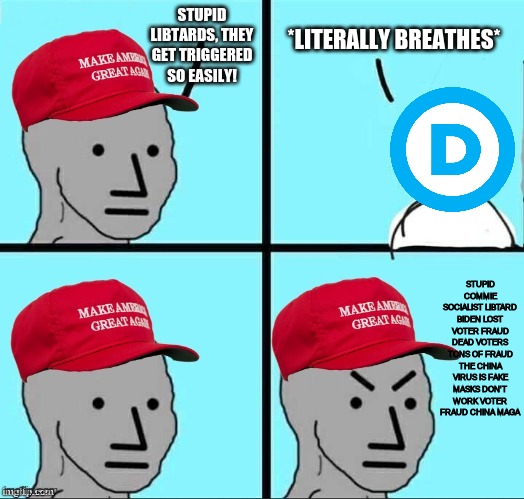 MAGA NPC (AN AN0NYM0US TEMPLATE) | STUPID LIBTARDS, THEY GET TRIGGERED SO EASILY! *LITERALLY BREATHES*; STUPID COMMIE SOCIALIST LIBTARD BIDEN LOST VOTER FRAUD DEAD VOTERS TONS OF FRAUD THE CHINA VIRUS IS FAKE MASKS DON'T WORK VOTER FRAUD CHINA MAGA | image tagged in maga npc an an0nym0us template | made w/ Imgflip meme maker