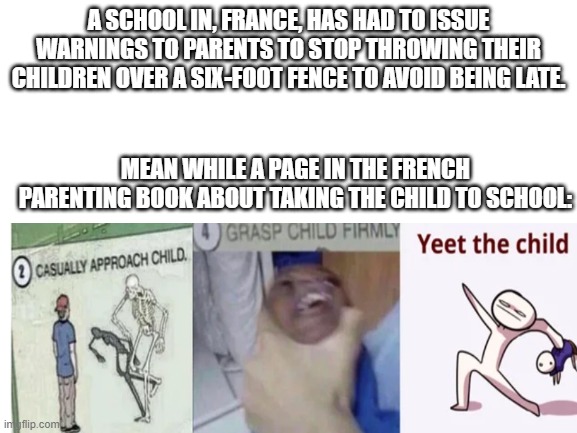 this is why a don't go to France | A SCHOOL IN, FRANCE, HAS HAD TO ISSUE WARNINGS TO PARENTS TO STOP THROWING THEIR CHILDREN OVER A SIX-FOOT FENCE TO AVOID BEING LATE. MEAN WHILE A PAGE IN THE FRENCH PARENTING BOOK ABOUT TAKING THE CHILD TO SCHOOL: | image tagged in yeet the child | made w/ Imgflip meme maker