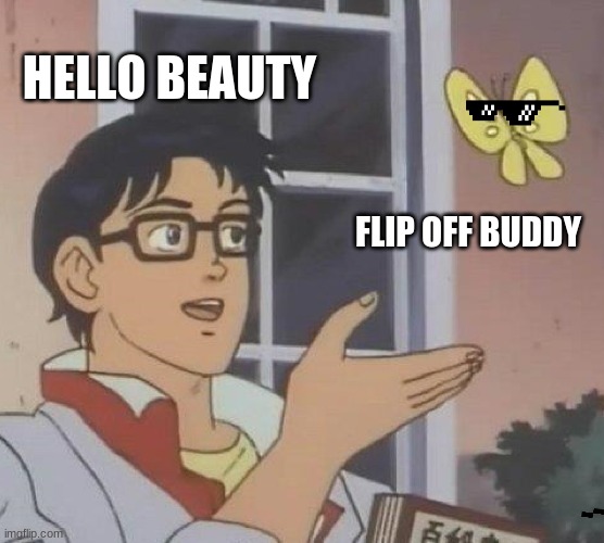 Is This A Pigeon | HELLO BEAUTY; FLIP OFF BUDDY | image tagged in memes,is this a pigeon | made w/ Imgflip meme maker